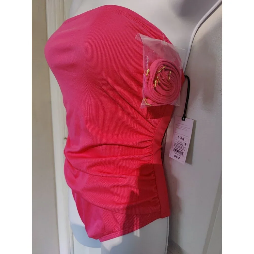 Shade‎ & Shore Pink Ruched Ribbed Convertible One-Piece Swimsuit M 8-10 NWT
